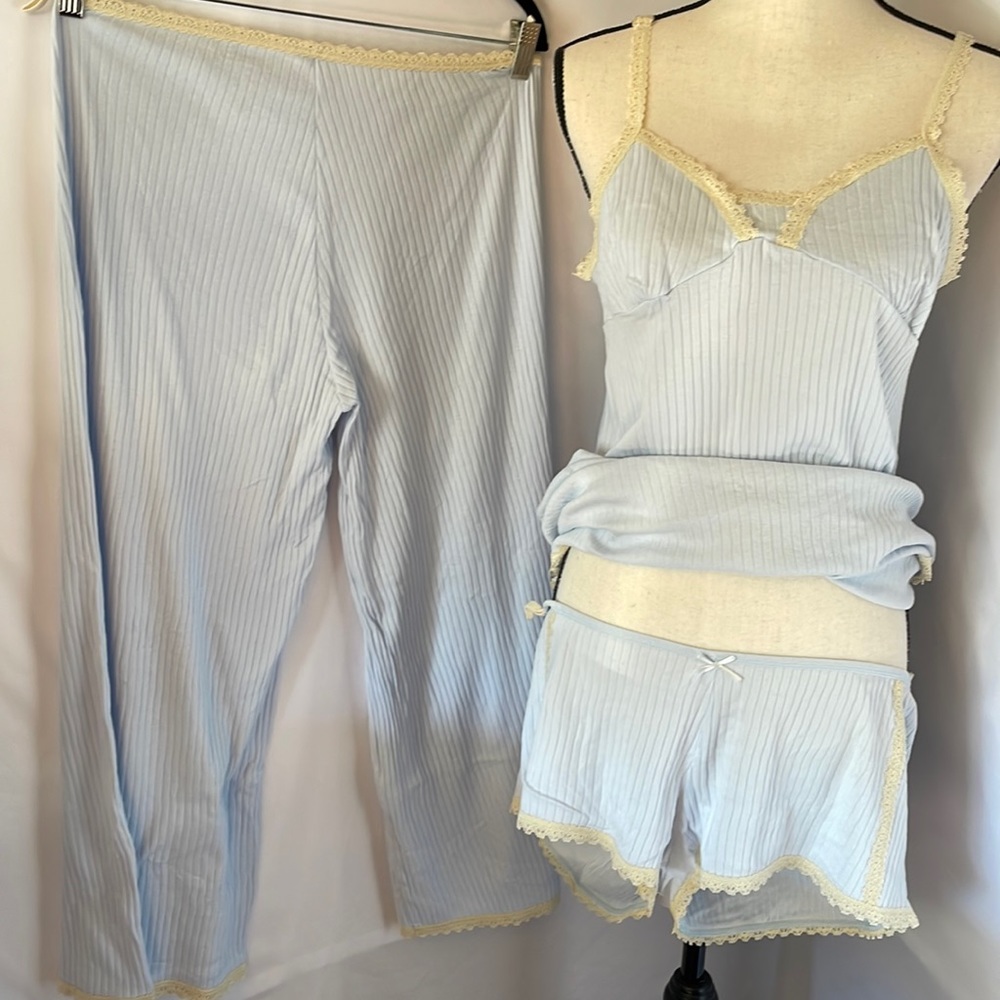 Alfani naturals 3pc pajama set blue with cream‎ lace detail all pieces size lg